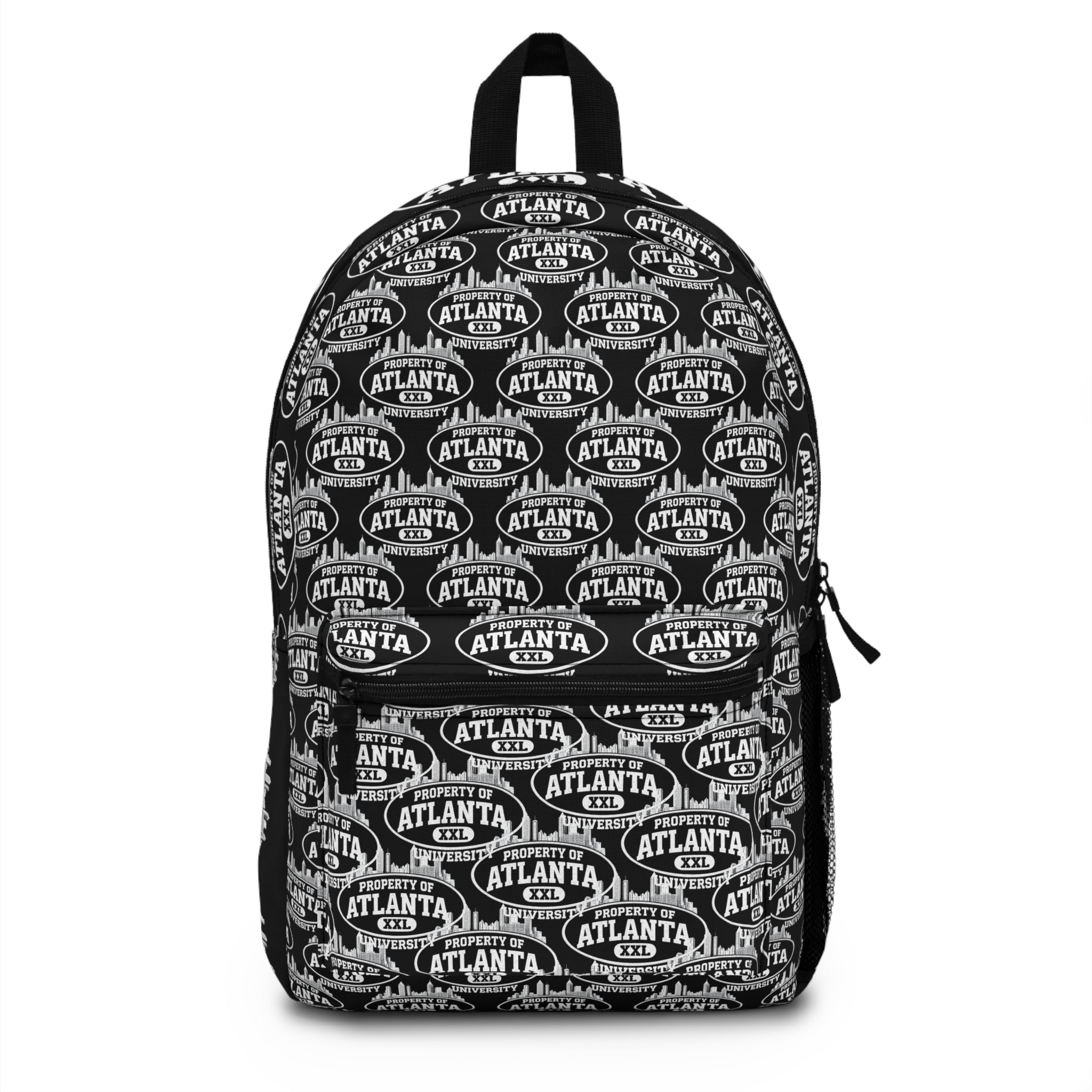 Atlanta Logo Print Backpack — Black- 'Property of Atlanta' All-Over Print