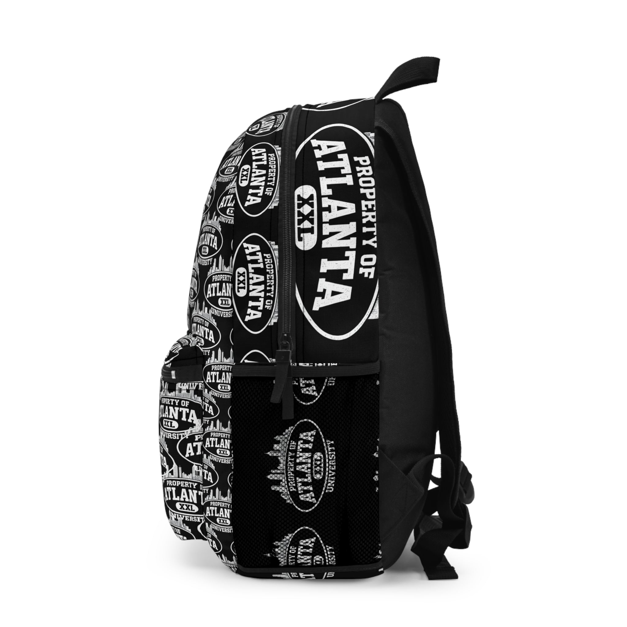 Atlanta Logo Print Backpack — Black- 'Property of Atlanta' All-Over Print