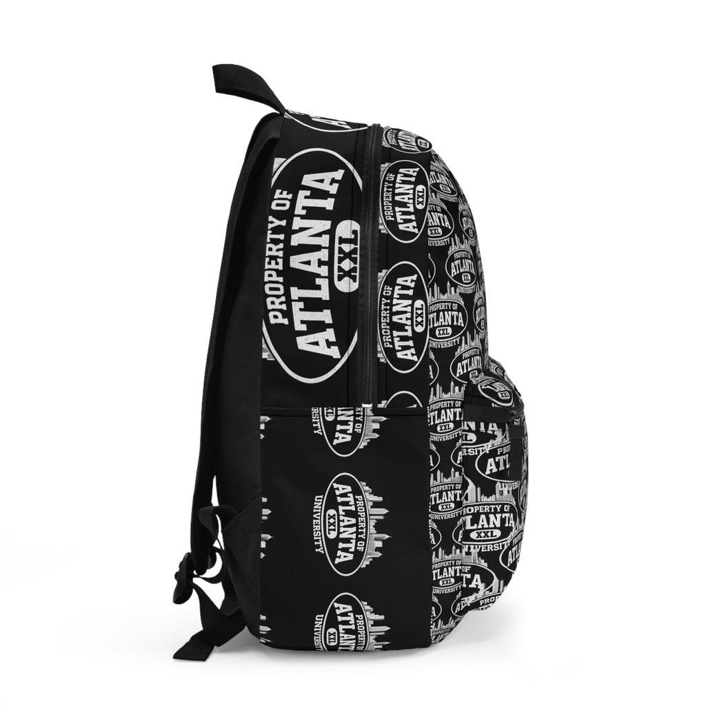Atlanta Logo Print Backpack — Black- 'Property of Atlanta' All-Over Print